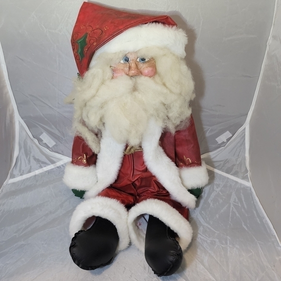 Singed SR? Other - Vintage Shelf Sitter Santa Wood Carved Face Canvas Clothing Hand Painted Xmas